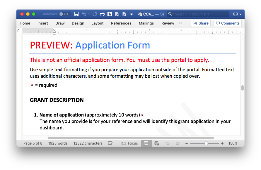 Screenshot of a word document with application questions downloaded from the Canada Council for the Arts website.