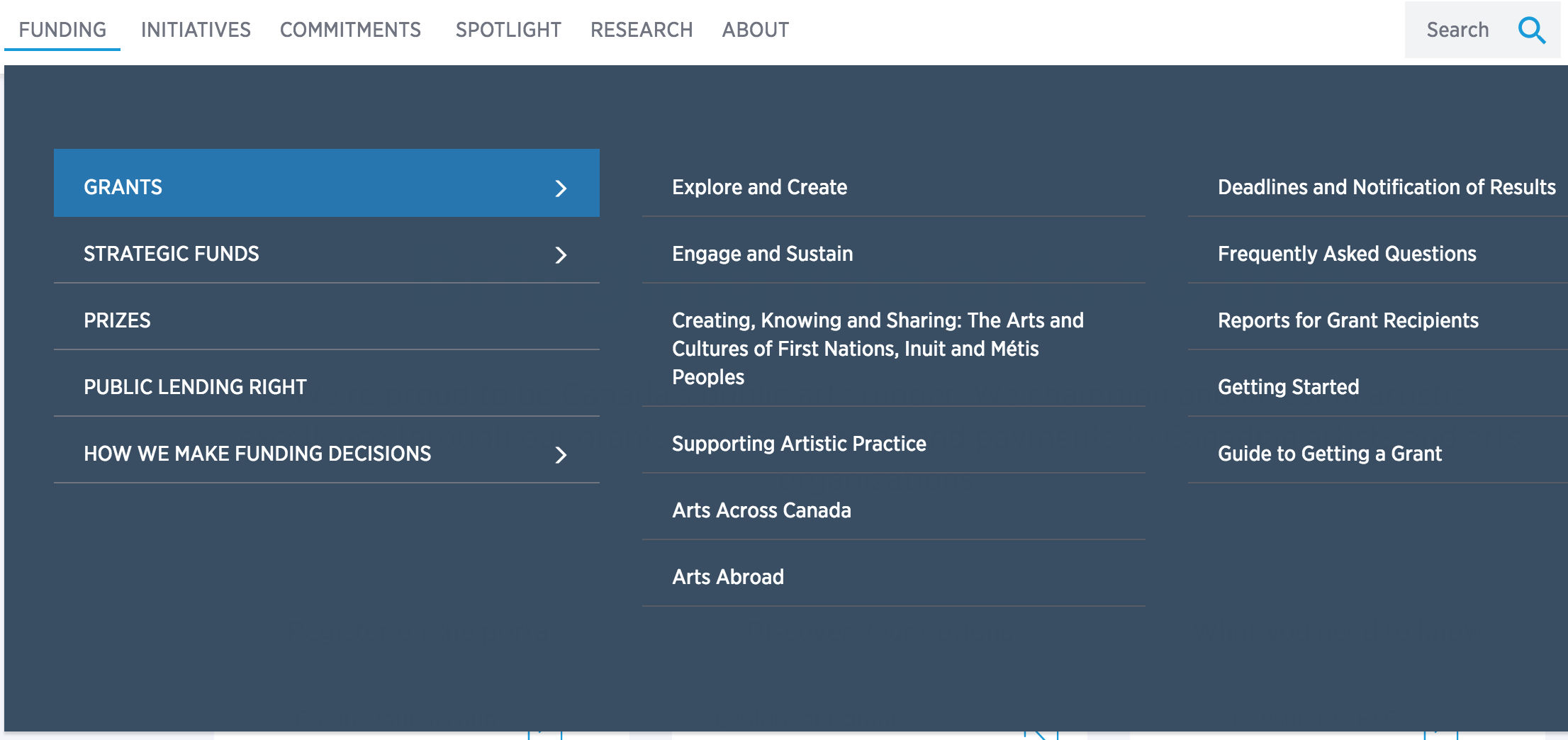Screenshot of the canadacouncil.ca website showing the navigation menu for their grant programs. The grant menu includes links to each of their funding programs which only have somewhat-descriptive names, such as Engage and Sustain. There is also a second column for general information about grants.