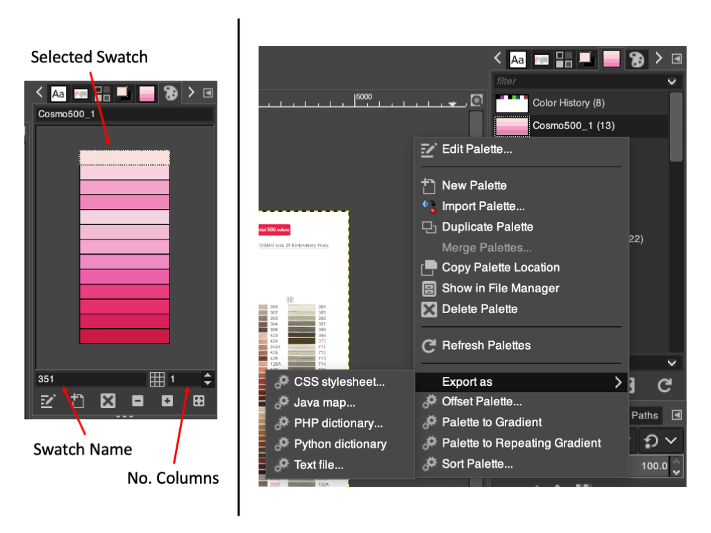 Diagrams of the palette editing and palette export menus in GIMP