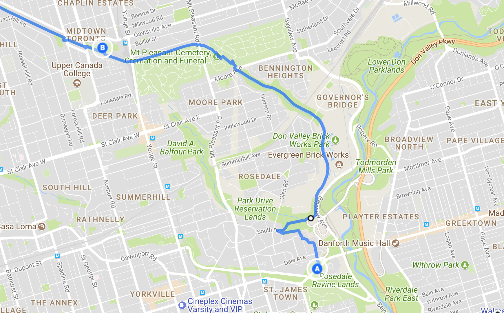 Map of route from Castle Frank Station to Oriole Park