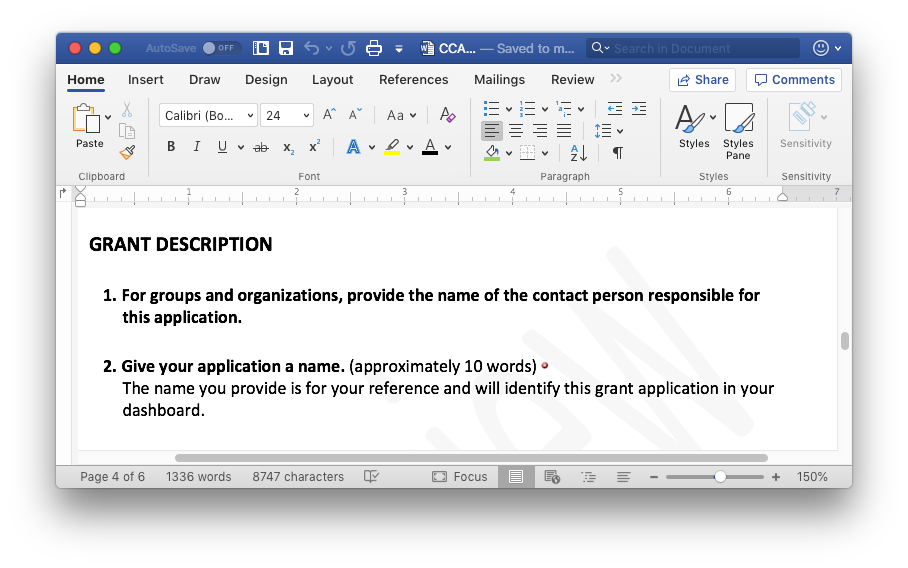 Screenshot of Microsoft Word. The document being worked on is an application form for travel funding from the Canada Council for the Arts.