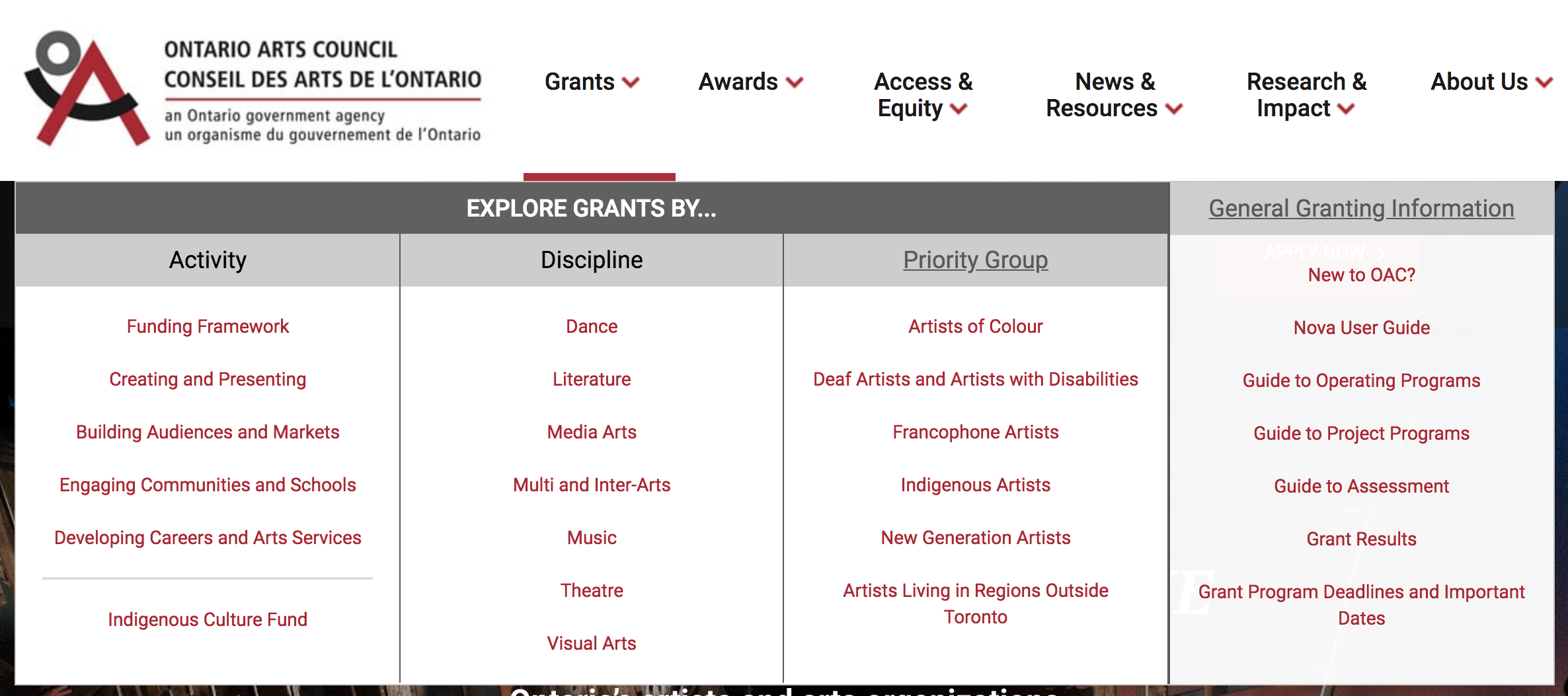 Screenshot of the arts.on.ca website showing the navigation menu for their grant programs. It has four columns, including one for different types of activities, one for artists from different disciplines, one for artists from different priority groups, such as Artists of Colour, and a final column for general information about grants.