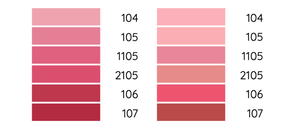 Two columns of pink colours going from lightest to darkest in each column