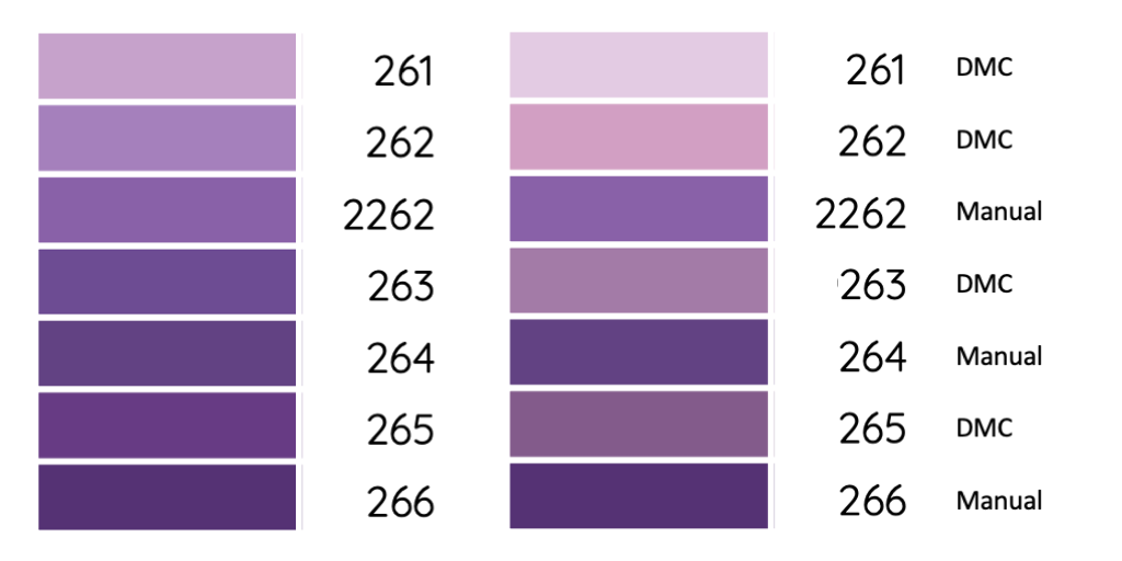 Two columns of purple colours going from lightest to darkest in each column