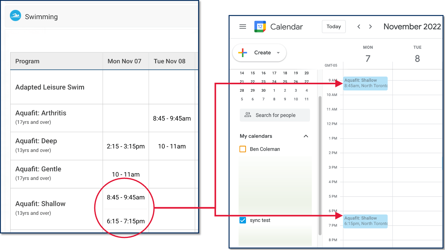 Illustration showing the schedule for swim programs at North Toronto Memorial Community Centre on the left and the same dates and times synced to a Google Calendar on the right.