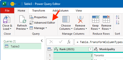 Screenshot of the Power Query editor with a red arrow pointing to the "Advanced Editor" button.