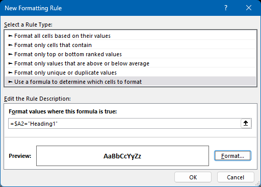 Screenshot of the conditional formatting menu window. The top section has "Use a formula..." selected, the middle section contains a formula, and the bottom section has a formatting preview.