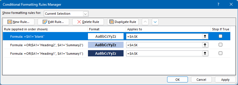 Screenshot of the conditional formatting rules manager window showing three formula-based rules to set the blue headings for each group level and to apply a white background to blank rows.