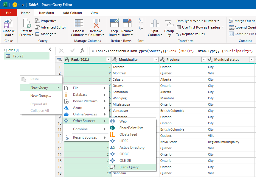 Screenshot of the Power Query editor showing the menu tree for creating a new blank query.