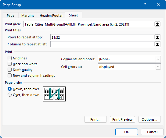 Screenshot of the Page Setup menu in Excel. The "Rows to Repeat" formula box reads "$1:$2"