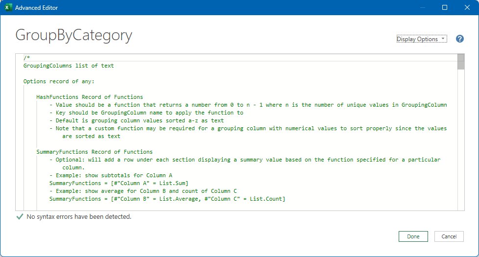 Screenshot of function code pasted into the Power Query advanced editor.