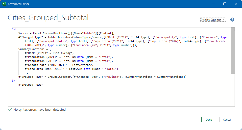 Screenshot of the Power Query advanced editor with the summary function code added in.
