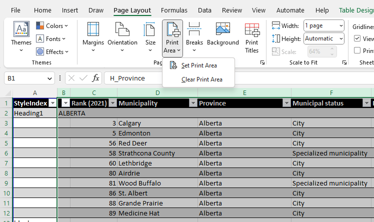 Screenshot of Excel showing the "Print Area" menu button.