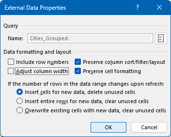 Screenshot of the "External Data Properties" settings window. The window is small and has several checkboxes and radio buttons.