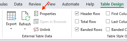Screenshot of Excel with a red arrow pointing to the table "Properties" menu.