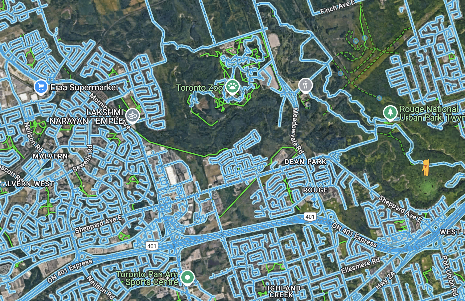 Screen shot of Google Maps showing the Street View coverage in north-east Scarborough near the Toronto Zoo. The north-east segment of the Meadoway trail and the Upper Rouge Trail have no imagery available.