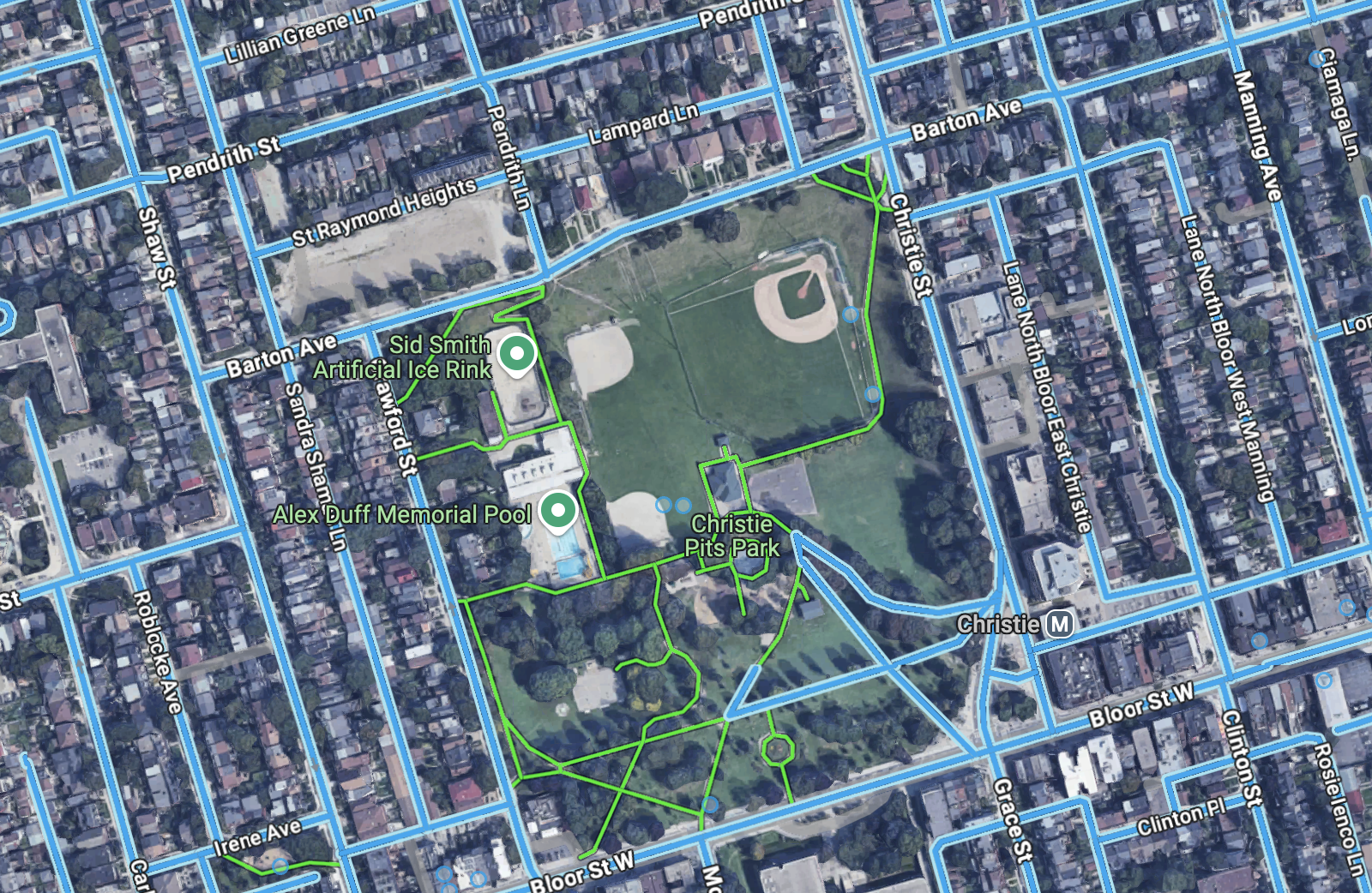 Screen shot of Google Maps showing the Street View coverage in Christie Pits Park in Toronto. None of the park paths have imagery available except for one park access road and half of one path that traverses the park from East to West.