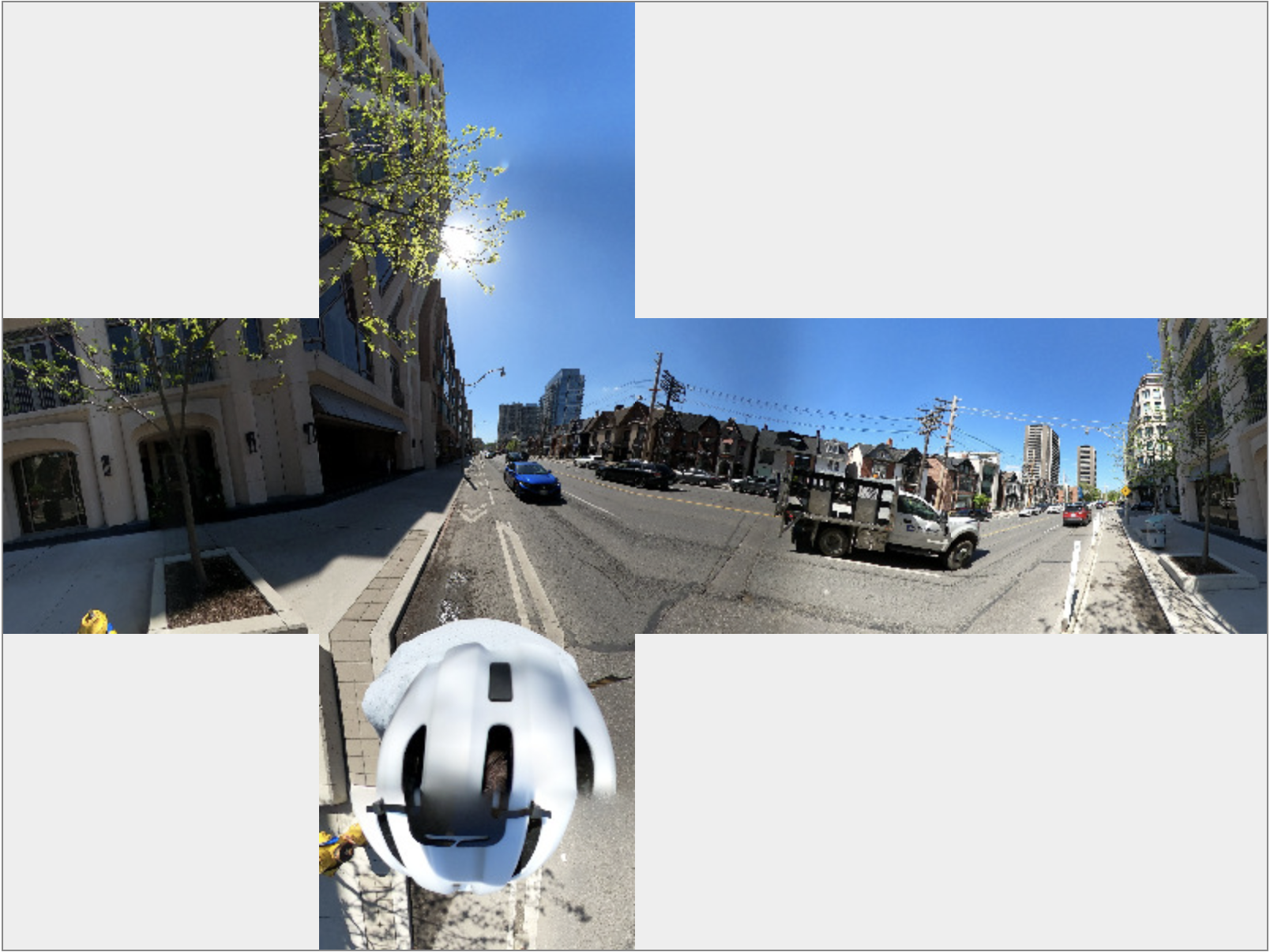The same image of a streetscape taken with a 360 camera as the previous photo, but converted into a series of six photos arranged in a cross shape.