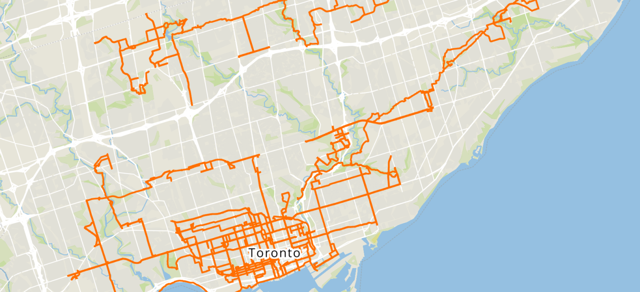 Map of Toronto showing streets and paths where 360 imagery has been captured