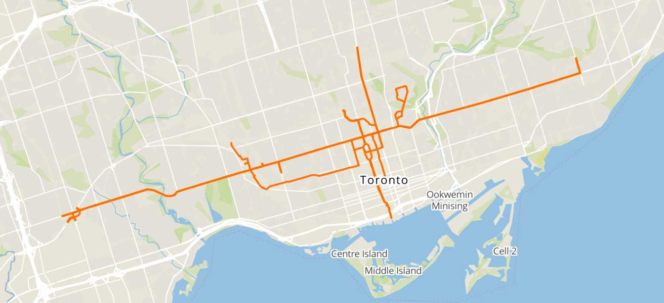 Screenshot of a map of Toronto showing routes where street-level imagery has been collected